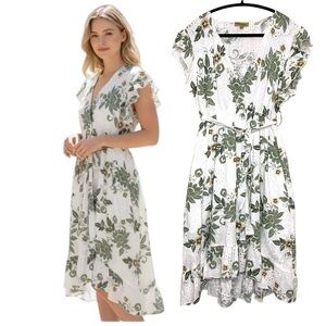 Positano White Eyelet Green Floral Dress M/L High Low Ruffle Hem Feminine Coast